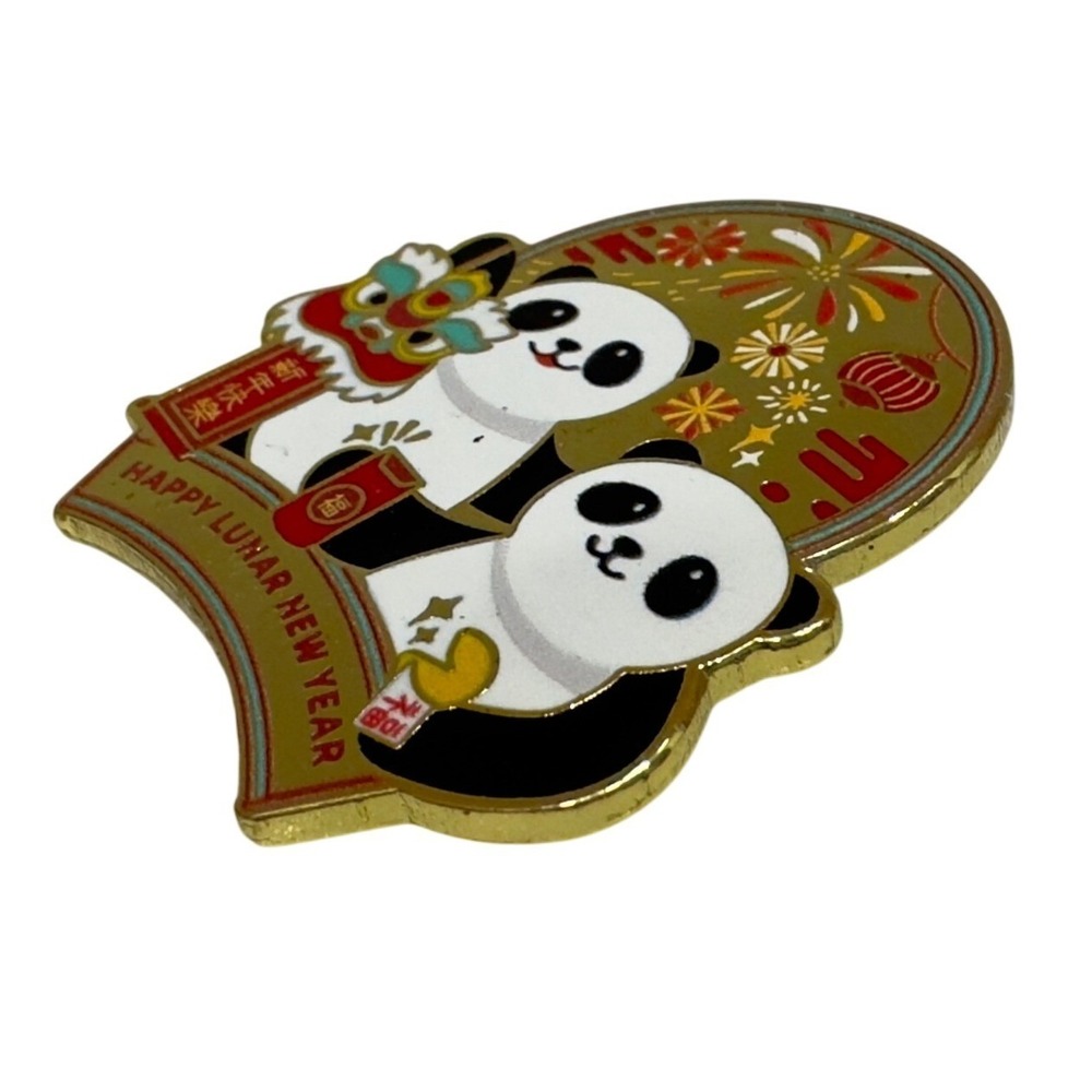 Happy Lunar New Year Panda Enamel Pin Gold Tone Lion Dance Red Envelope Brooch - Picture 4 of 4